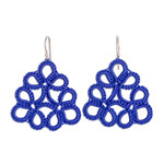 Hand-tatted dangle earrings, 'Floral Essence in Blue' - Hand-Tatted Blue Dangle Earrings with Sterling Silver Hooks