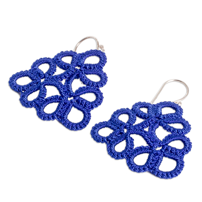 Hand-tatted dangle earrings, 'Floral Essence in Blue' - Hand-Tatted Blue Dangle Earrings with Sterling Silver Hooks