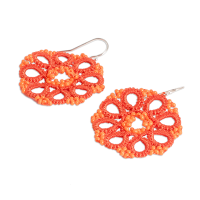Hand-tatted dangle earrings, 'Floral Essence in Orange' - Hand-Tatted Beaded Orange Dangle Earrings with Silver Hooks