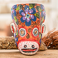 Máscara de madera, 'Monkey's Celebration' - Máscara de madera de pino de mono floral pintada a mano en naranja