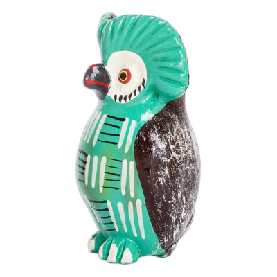 Ceramic figurine, 'Lovely Tecolote' - Guatemalan Hand-Painted Green Ceramic Owl Figurine