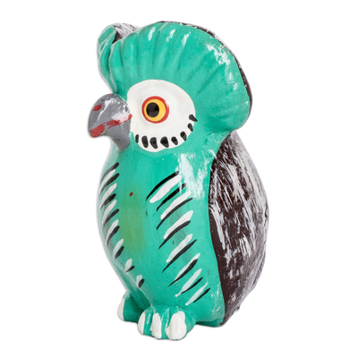 Ceramic figurine, 'Adorable Tecolote' - Green Ceramic Owl Figurine Handmade and Painted in Guatemala