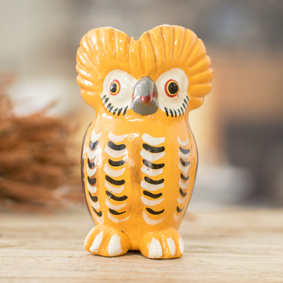 Ceramic figurine, 'Lively Tecolote' - Handmade and Painted Ceramic Owl Figurine in Yellow