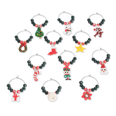 Glass beaded drink tags, 'Refreshing Celebrations' (set of 12) - Set of 12 Christmas-Themed Handmade Glass Beaded Drink Tags