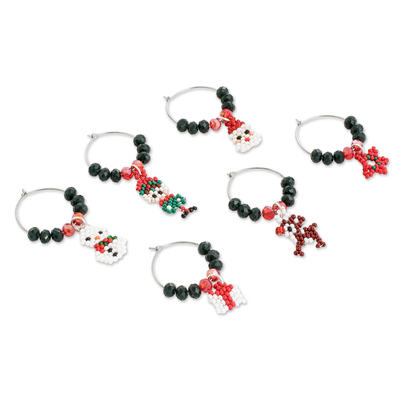 Glass beaded drink tags, 'Refreshing Celebrations' (set of 12) - Set of 12 Christmas-Themed Handmade Glass Beaded Drink Tags