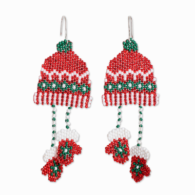 Beaded dangle earrings, 'Christmas Wishes' - Crystal & Glass Beaded Christmas Hat Mittens Dangle Earrings