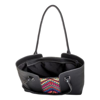 Bolsa de algodón - Bolso Tote Negro con Paneles Geométricos de Algodón Tejidos a Mano