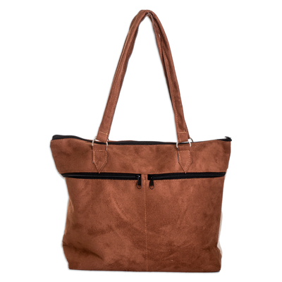 Cotton shoulder bag, 'Art & Elegance' - Embroidered Floral Cotton Shoulder Bag in Ivory and Brown