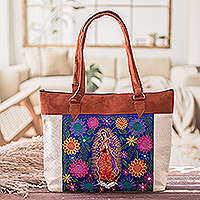 Cotton shoulder bag, 'Art & Faith' - Embroidered Classic Cotton Shoulder Bag in Ivory and Brown
