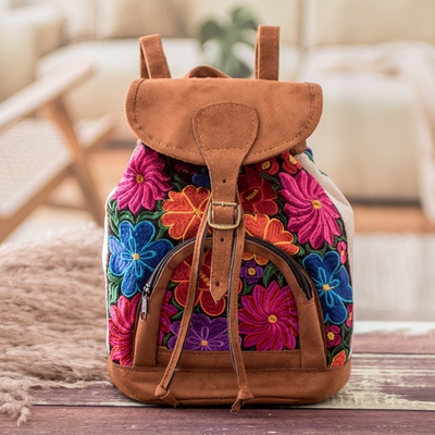 Handmade Floral Embroidered Cotton Backpack from Guatemala - Floral Journey