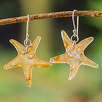 Recycled CD dangle earrings, 'Triumphant Starfish' - Gold-Toned Starfish-Shaped Recycled CD Dangle Earrings