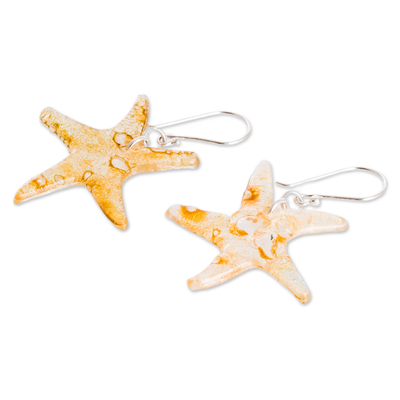 Recycled CD dangle earrings, 'Triumphant Starfish' - Gold-Toned Starfish-Shaped Recycled CD Dangle Earrings