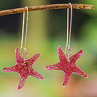 Recycled CD dangle earrings, 'Marine Firmament in Fuchsia' - Eco-Friendly Fuchsia Recycled CD Starfish Dangle Earrings