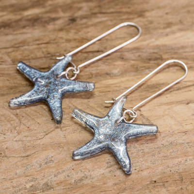 Recycled CD dangle earrings, 'Marine Firmament in Silver' - Eco-Friendly Silver Recycled CD Starfish Dangle Earrings