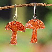 Recycled CD dangle earrings, 'Tiny Nature in Orange' - Mushroom-Shaped Orange Recycled CD Dangle Earrings
