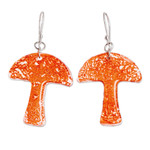Recycled CD dangle earrings, 'Tiny Nature in Orange' - Mushroom-Shaped Orange Recycled CD Dangle Earrings
