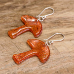 Recycled CD dangle earrings, 'Tiny Nature in Orange' - Mushroom-Shaped Orange Recycled CD Dangle Earrings