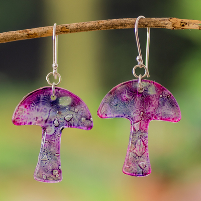 Recycled CD dangle earrings, 'Dreamy Mushroom' - Recycled CD Mushroom Dangle Earrings with 925 Silver Hooks