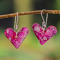 Recycled CD dangle earrings, 'Fuchsia Heartbeats' - Eco-Friendly Fuchsia Recycled CD Heart Dangle Earrings