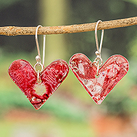Recycled CD dangle earrings, 'Intense Heartbeats' - Eco-Friendly Heart-Shaped Red Recycled CD Dangle Earrings