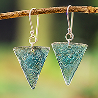 Recycled CD dangle earrings, 'Refined Triangles' - Silver Triangular Recycled CD Dangle Earrings from Guatemala