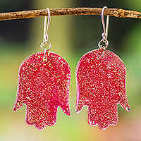 Recycled CD dangle earrings, 'Freedom & Fuchsia' - Hand-Shaped Fuchsia Recycled CD Dangle Earrings