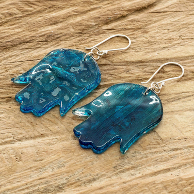 Recycled CD dangle earrings, 'Good Luck Amulet' - Recycled CD Hamsa Symbol Dangle Earrings with Silver Hooks