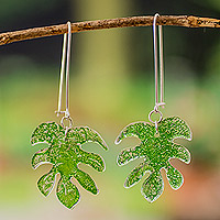 Recycled CD dangle earrings, 'Shiny Monstera Season' - Leaf-Shaped Shiny Green Recycled CD Dangle Earrings