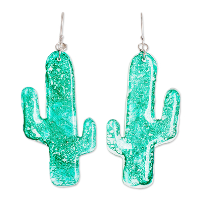 Recycled CD dangle earrings, 'Dark Desert Marvel' - Cactus-Shaped Dark Green Recycled CD Dangle Earrings