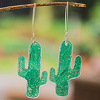 Recycled CD dangle earrings, 'Dark Oasis' - Eco-Friendly Dark Green Recycled CD Cactus Dangle Earrings
