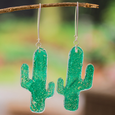 Recycled CD dangle earrings, 'Dark Oasis' - Eco-Friendly Dark Green Recycled CD Cactus Dangle Earrings