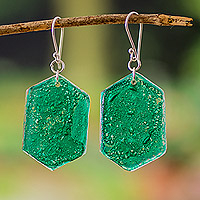 Recycled CD dangle earrings, 'Geometric Self' - Handcrafted Geometric Dark Green Recycled CD Dangle Earrings