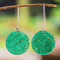 Recycled CD dangle earrings, 'Green Moon' - Eco-Friendly Green Round Recycled CD Dangle Earrings