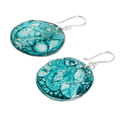 Recycled CD dangle earrings, 'Turquoise World' - Eco-Friendly Turquoise Round Recycled CD Dangle Earrings