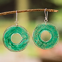 Recycled CD dangle earrings, 'Green Cycles' - Eco-Friendly Disc-Shaped Green Recycled CD Dangle Earrings