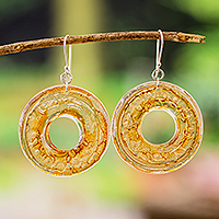 Recycled CD dangle earrings, 'Yellow Cycles' - Eco-Friendly Disc-Shaped Yellow Recycled CD Dangle Earrings