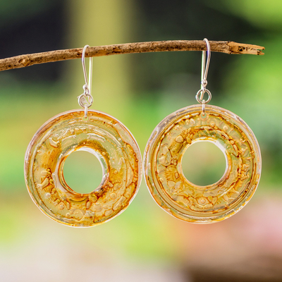 Recycled CD dangle earrings, 'Yellow Cycles' - Eco-Friendly Disc-Shaped Yellow Recycled CD Dangle Earrings