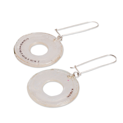 Recycled CD dangle earrings, 'Crystal Era' - Modern Round Clear Recycled CD Dangle Earrings