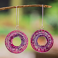 Recycled CD dangle earrings, 'Purple Era' - Modern Round Purple Recycled CD Dangle Earrings