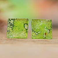 Recycled CD button earrings, 'Bubble Vision in Green' - Eco-Friendly Geometric Green Recycled CD Button Earrings