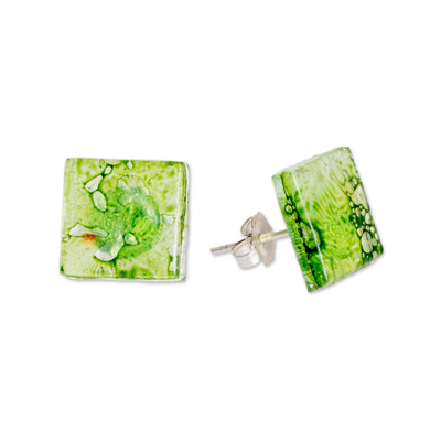 Recycled CD button earrings, 'Bubble Vision in Green' - Eco-Friendly Geometric Green Recycled CD Button Earrings