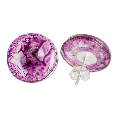 Recycled CD stud earrings, 'Purple Translucent Illusion' - Handmade Purple Recycled CD Stud Earrings with Silver Posts