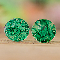 Recycled CD stud earrings, 'Green Translucent Illusion' - Handmade Green Recycled CD Stud Earrings with Silver Posts
