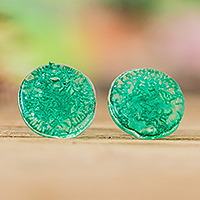 Recycled CD stud earrings, 'Emerald Translucent Illusion' - Handmade Emerald Recycled CD Stud Earrings with Silver Posts