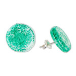 Recycled CD stud earrings, 'Emerald Translucent Illusion' - Handmade Emerald Recycled CD Stud Earrings with Silver Posts