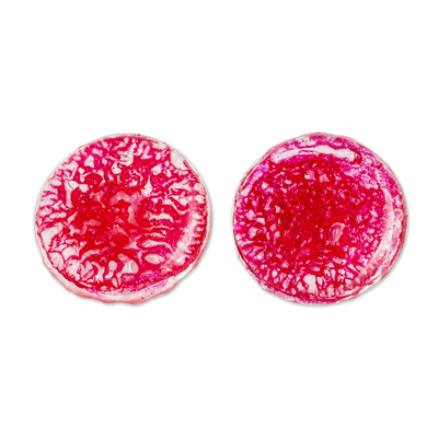 Recycled CD stud earrings, 'Fuchsia Translucent Illusion' - Handmade Fuchsia Recycled CD Stud Earrings with Silver Posts