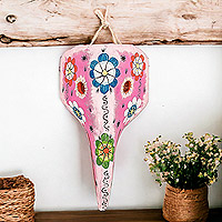 Wood mask, 'Floral Flight' - Hand-Painted Floral Pink and White Bird Pinewood Mask