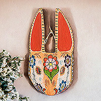 Wood mask, 'Floral Hops' - Hand-Painted Floral Orange and White Bunny Pinewood Mask