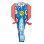Wood mask, 'Floral Magificence' - Hand-Painted Floral Orange and Blue Elephant Pinewood Mask