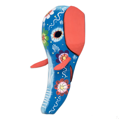 Wood mask, 'Floral Magificence' - Hand-Painted Floral Orange and Blue Elephant Pinewood Mask